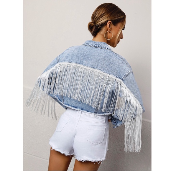 Tassel Detail Light Wash Blue Denim Jean Jacket Crop Button Front Pockets - Picture 7 of 8